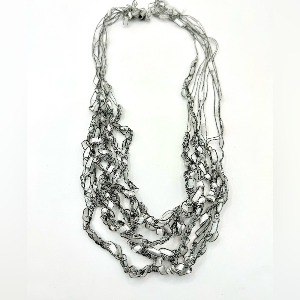 Vintage Silk Ribbon Necklace Black Gray White Silver Multiple Strand 10” Drop